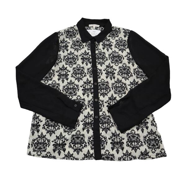 Agaci Tops - Agaci Shirt Womens L Black Damask Sheer Button Up Short Sleeve Collared Top